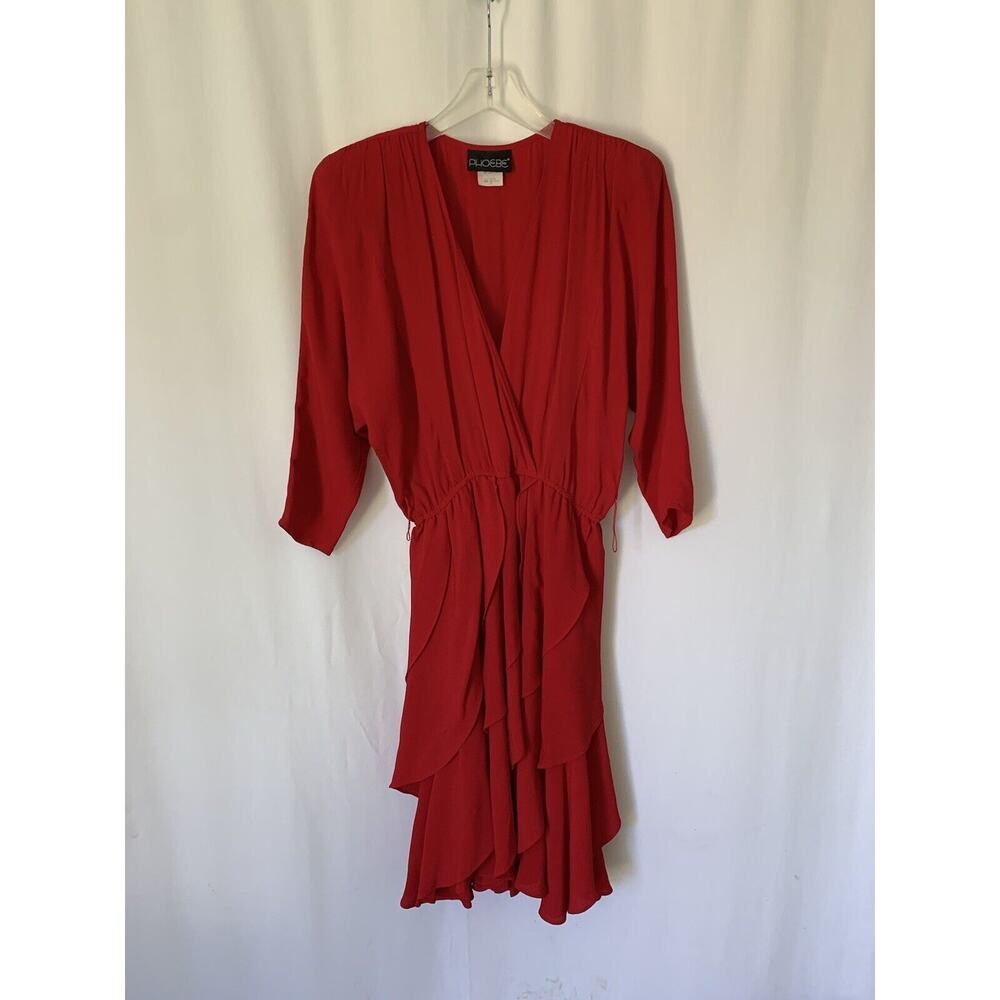 Vtg Phoebe Womens Dress 14 L Red Mini Veck Elegant Ruffles Evening